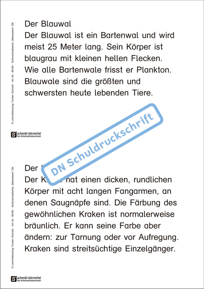 Schönschreibtexte "Meerestiere"