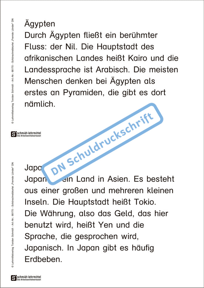 Schönschreibtexte "Fremde Länder"